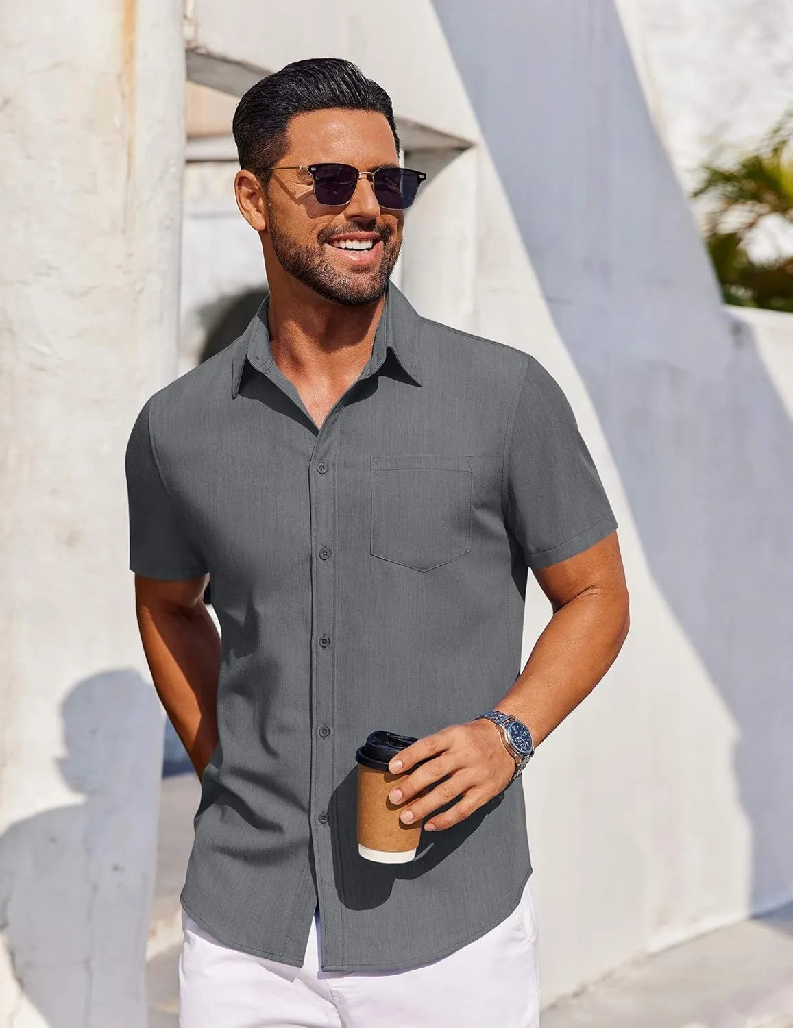 COOFANDY Men's Short Sleeve Button Down Shirt Casual Untucked Dress Shirt Stretch Denim Shirt