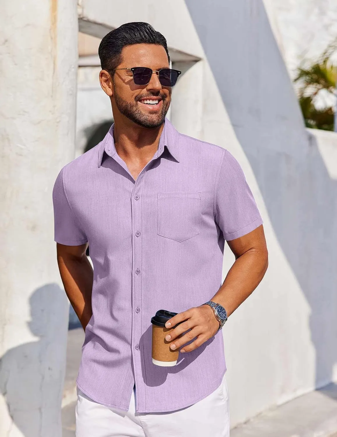 COOFANDY Men's Short Sleeve Button Down Shirt Casual Untucked Dress Shirt Stretch Denim Shirt
