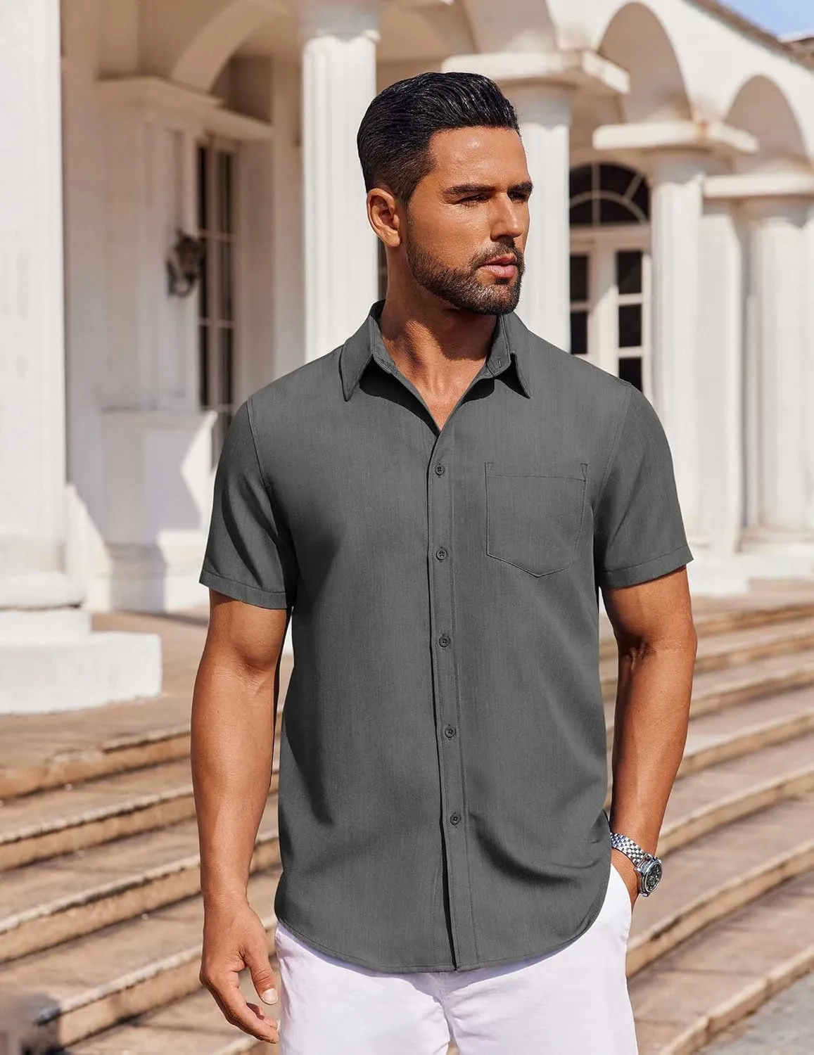COOFANDY Men's Short Sleeve Button Down Shirt Casual Untucked Dress Shirt Stretch Denim Shirt
