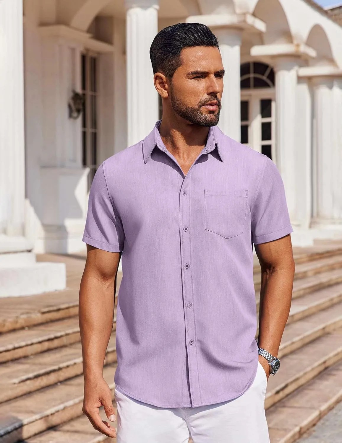 COOFANDY Men's Short Sleeve Button Down Shirt Casual Untucked Dress Shirt Stretch Denim Shirt