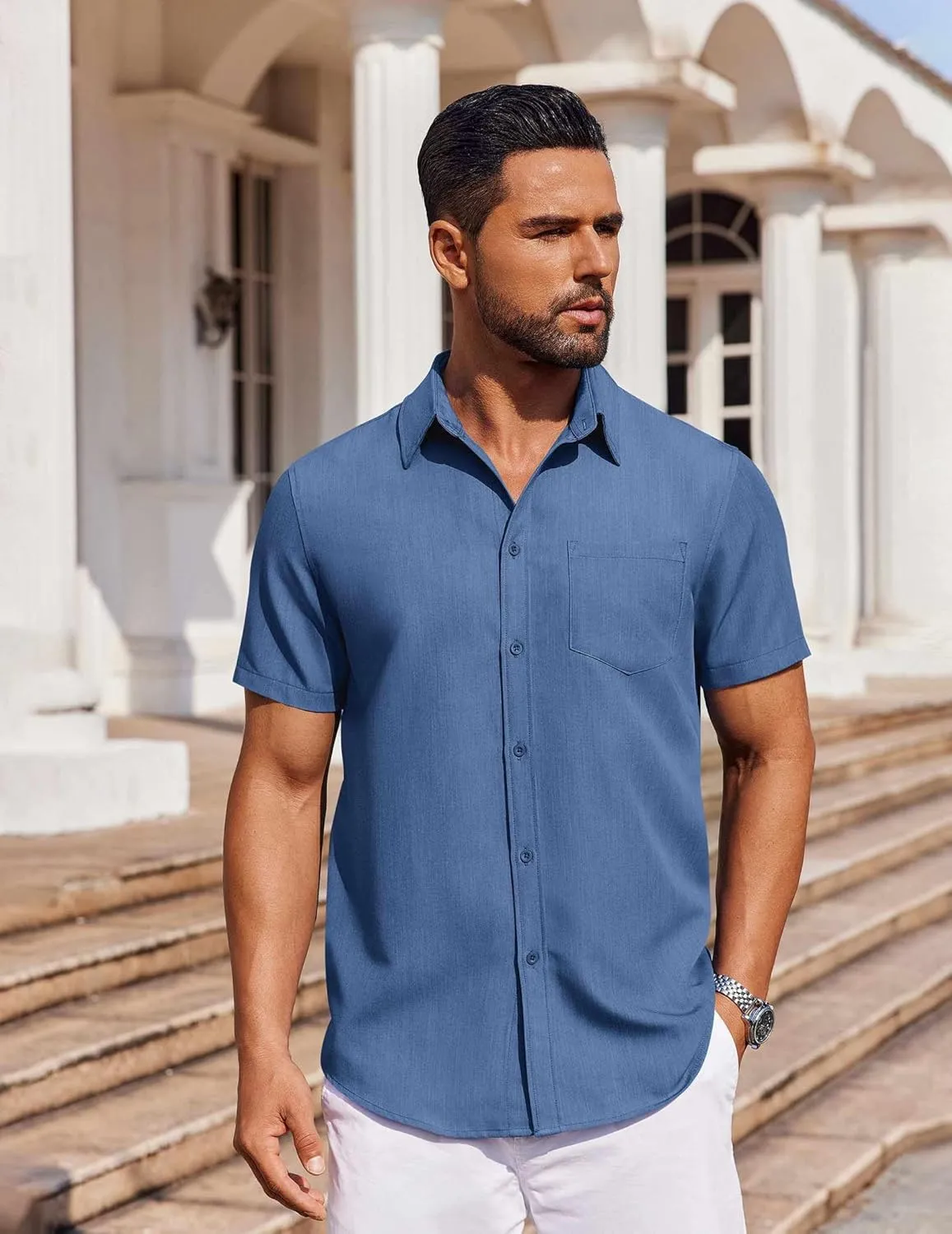 COOFANDY Men's Short Sleeve Button Down Shirt Casual Untucked Dress Shirt Stretch Denim Shirt