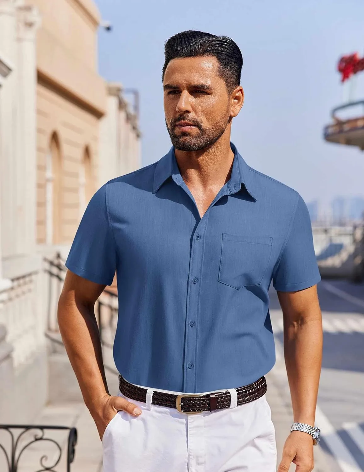 COOFANDY Men's Short Sleeve Button Down Shirt Casual Untucked Dress Shirt Stretch Denim Shirt