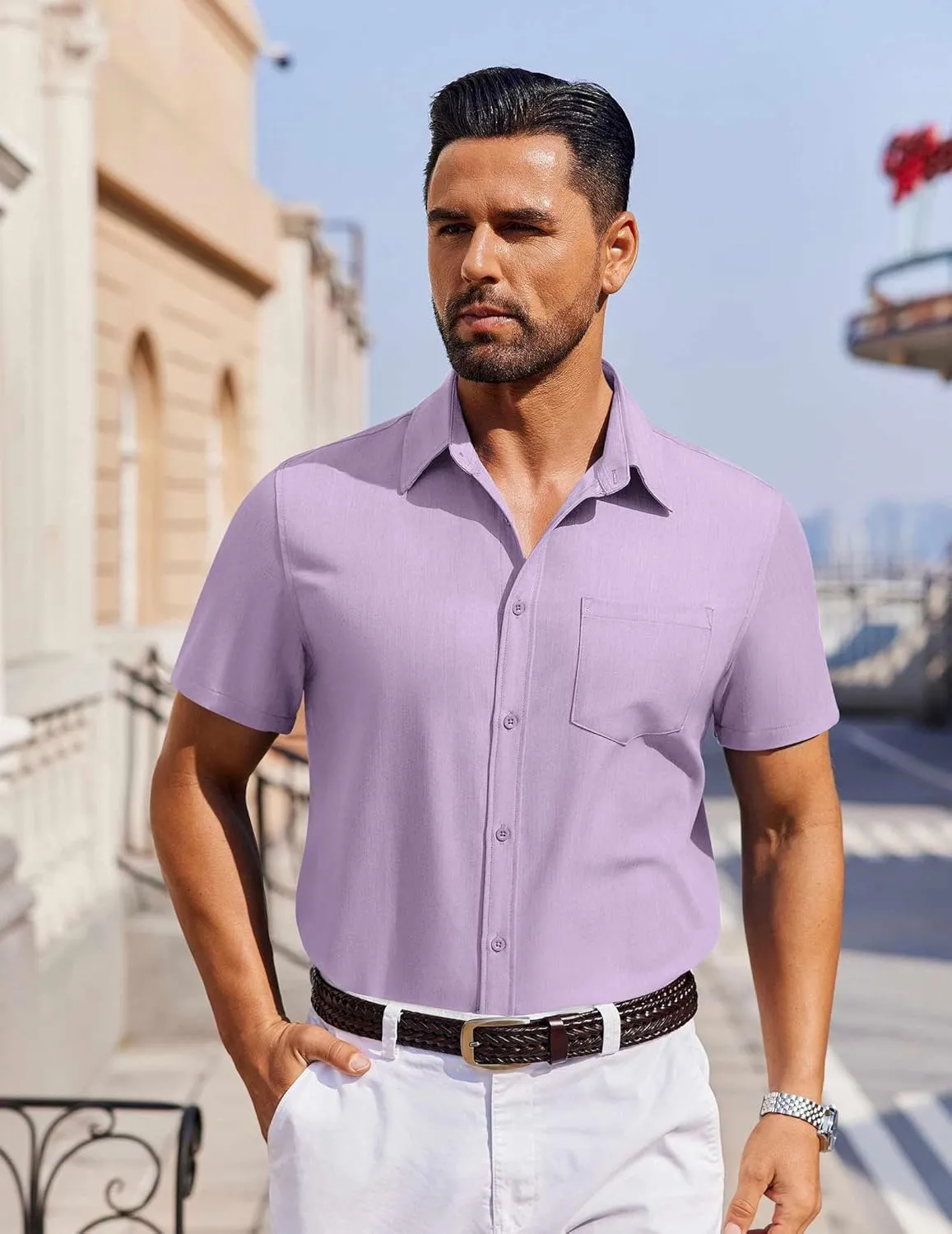 COOFANDY Men's Short Sleeve Button Down Shirt Casual Untucked Dress Shirt Stretch Denim Shirt