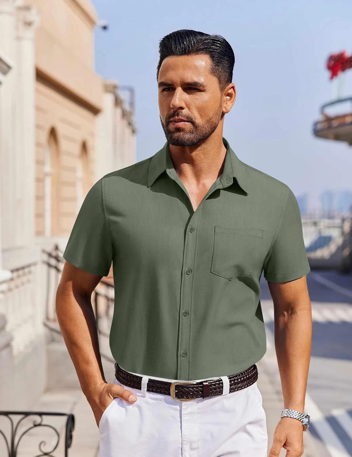 COOFANDY Men's Short Sleeve Button Down Shirt Casual Untucked Dress Shirt Stretch Denim Shirt