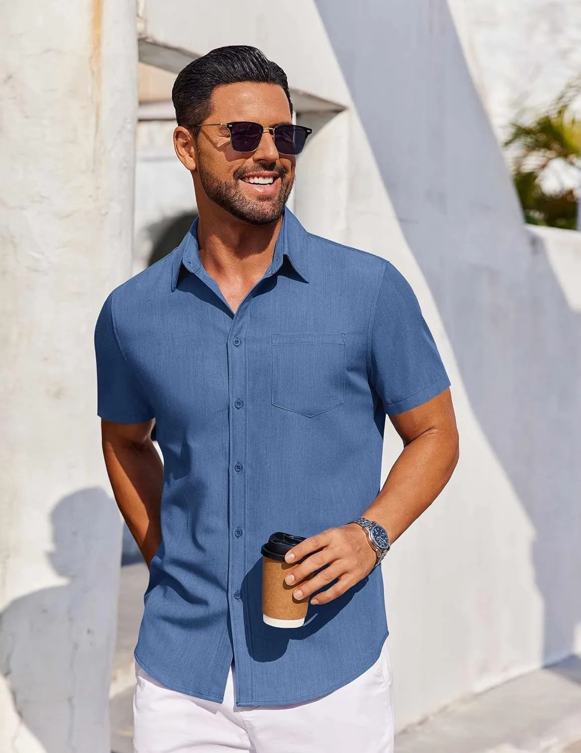 COOFANDY Men's Short Sleeve Button Down Shirt Casual Untucked Dress Shirt Stretch Denim Shirt