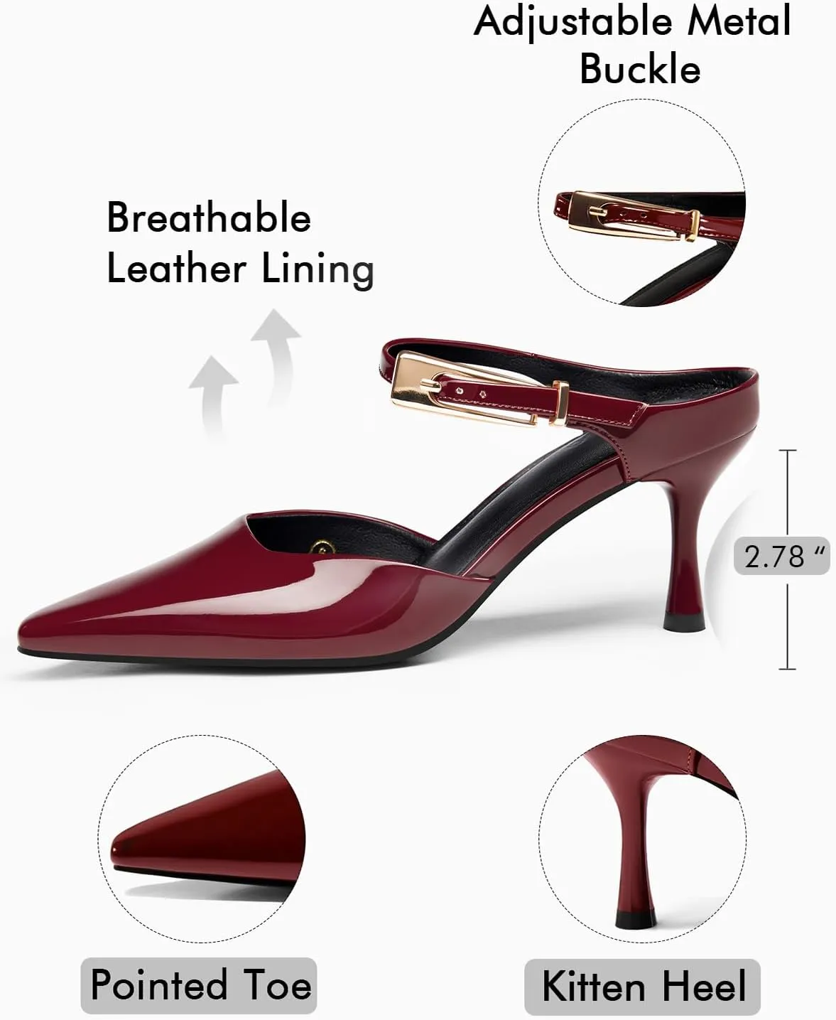 Coutgo Womens High Heels Mules Closed Pointed Toe Kitten Heel Pumps Ankle Buckle Strap Slip On Backless Dress Shoes