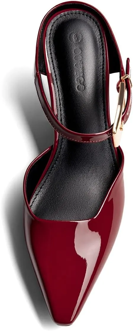 Coutgo Womens High Heels Mules Closed Pointed Toe Kitten Heel Pumps Ankle Buckle Strap Slip On Backless Dress Shoes