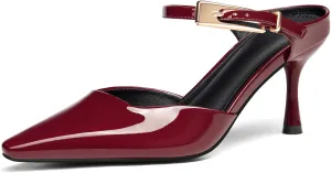 Coutgo Womens High Heels Mules Closed Pointed Toe Kitten Heel Pumps Ankle Buckle Strap Slip On Backless Dress Shoes