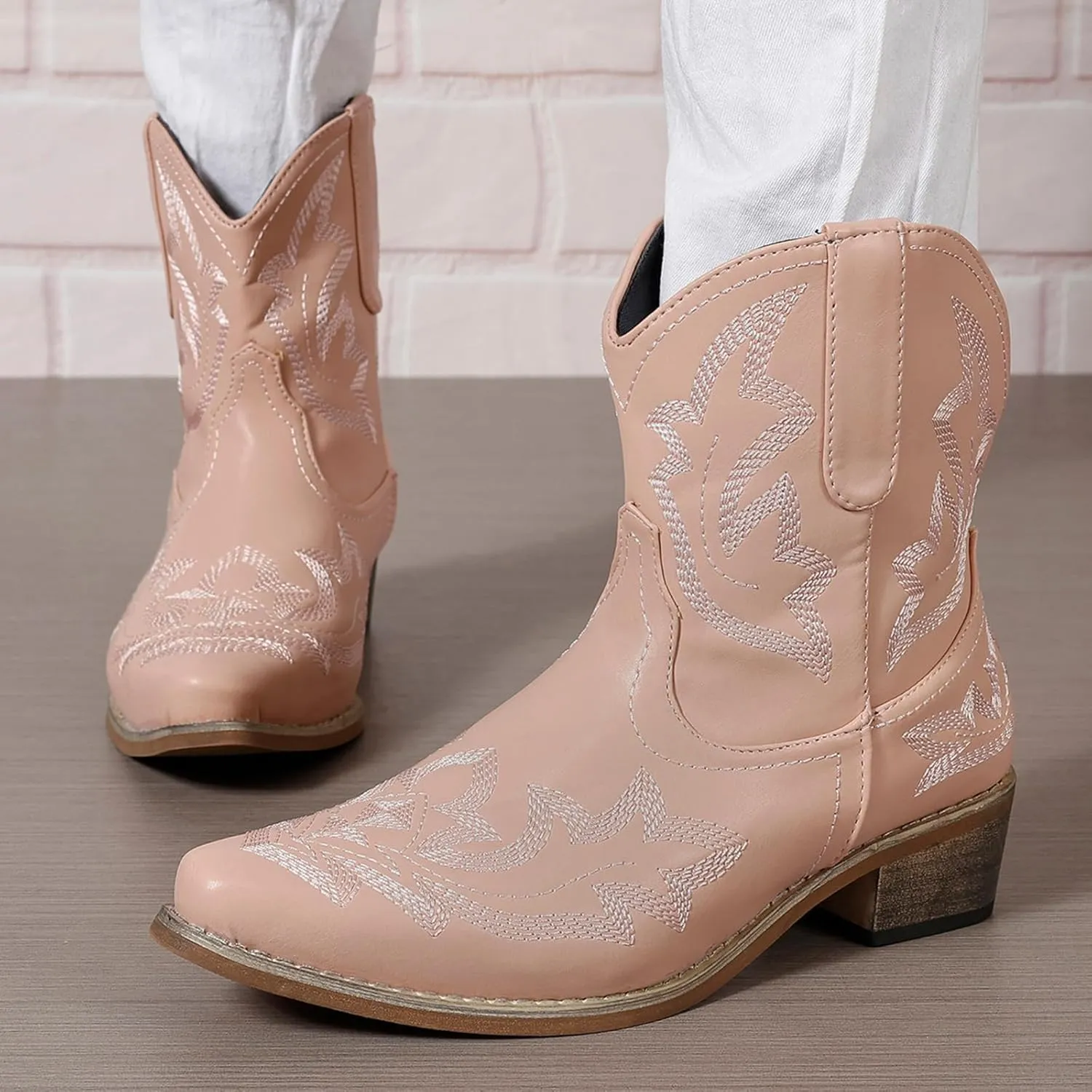 Cowboy Boots for Women Ankle Cowgirl Western Booties Stitched Embroidered Pointed Toe Classic Short Boots