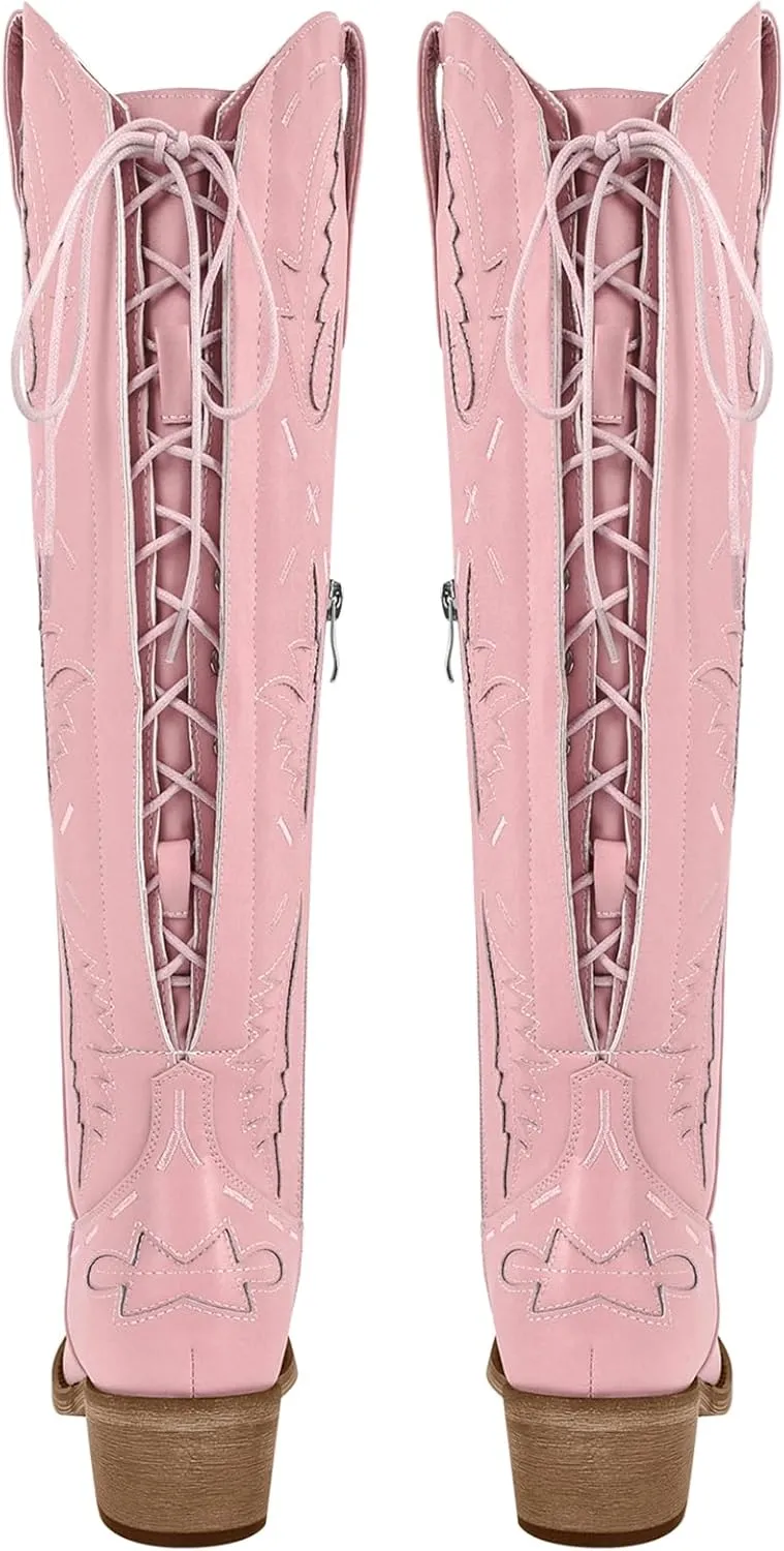 Cowboy Boots for Women Knee High Cowgirl Boots Lace Up