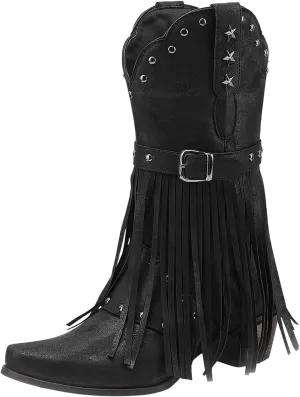 Cowboy Boots for Women Mid Calf Chunky Heel Cowgirl Booties Western Pointed Toe Low Chunky Heel Tassel Women Boot