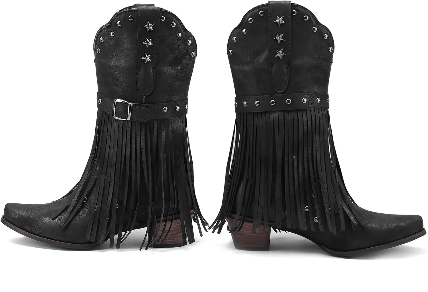 Cowboy Boots for Women Mid Calf Chunky Heel Cowgirl Booties Western Pointed Toe Low Chunky Heel Tassel Women Boot
