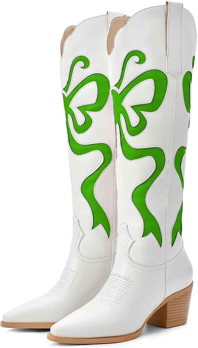 Cowgirl Boots - Womens Cowboy Boots with Colorful Bows Embroidered Western White Knee-High Boots Fashion Pull On Almond Toe Chunky Heel Country Tall Boots