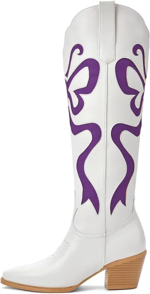 Cowgirl Boots - Womens Cowboy Boots with Colorful Bows Embroidered Western White Knee-High Boots Fashion Pull On Almond Toe Chunky Heel Country Tall Boots