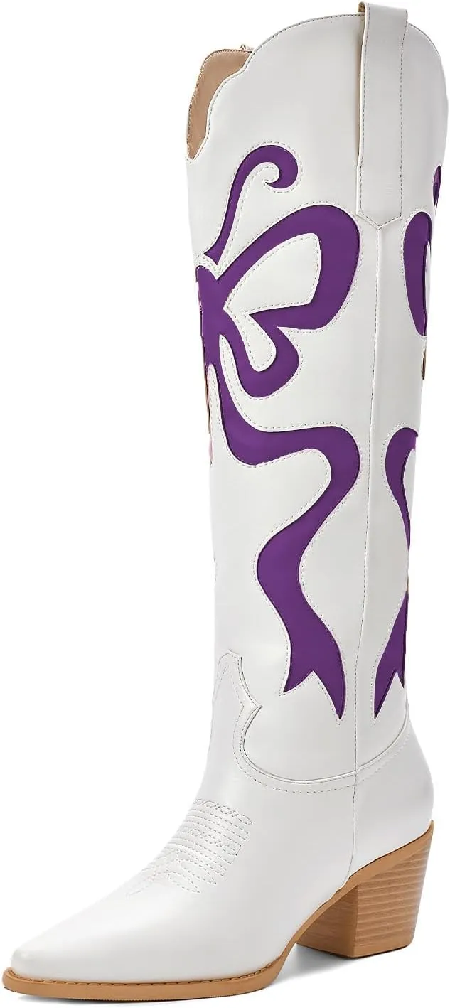 Cowgirl Boots - Womens Cowboy Boots with Colorful Bows Embroidered Western White Knee-High Boots Fashion Pull On Almond Toe Chunky Heel Country Tall Boots