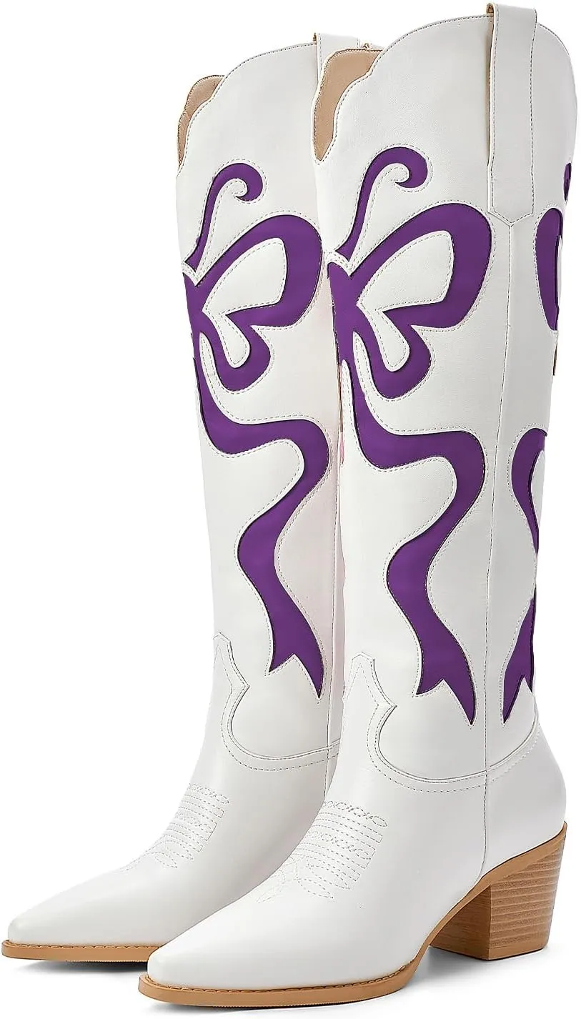 Cowgirl Boots - Womens Cowboy Boots with Colorful Bows Embroidered Western White Knee-High Boots Fashion Pull On Almond Toe Chunky Heel Country Tall Boots