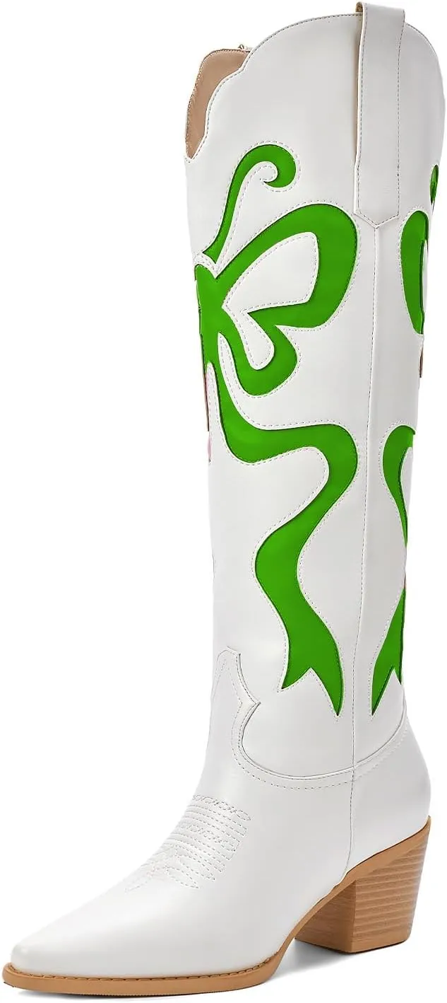 Cowgirl Boots - Womens Cowboy Boots with Colorful Bows Embroidered Western White Knee-High Boots Fashion Pull On Almond Toe Chunky Heel Country Tall Boots