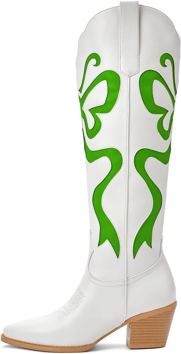 Cowgirl Boots - Womens Cowboy Boots with Colorful Bows Embroidered Western White Knee-High Boots Fashion Pull On Almond Toe Chunky Heel Country Tall Boots