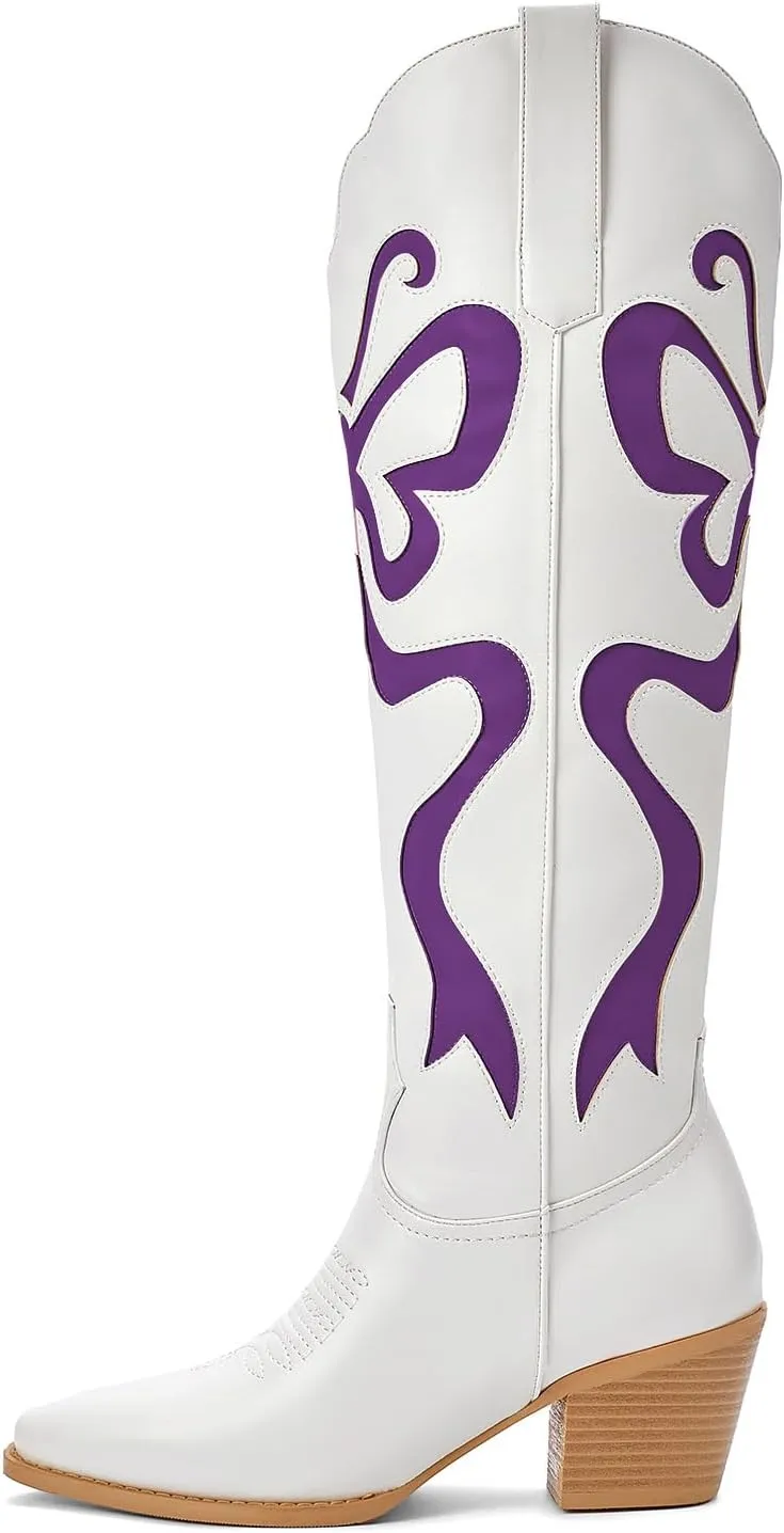 Cowgirl Boots - Womens Cowboy Boots with Colorful Bows Embroidered Western White Knee-High Boots Fashion Pull On Almond Toe Chunky Heel Country Tall Boots