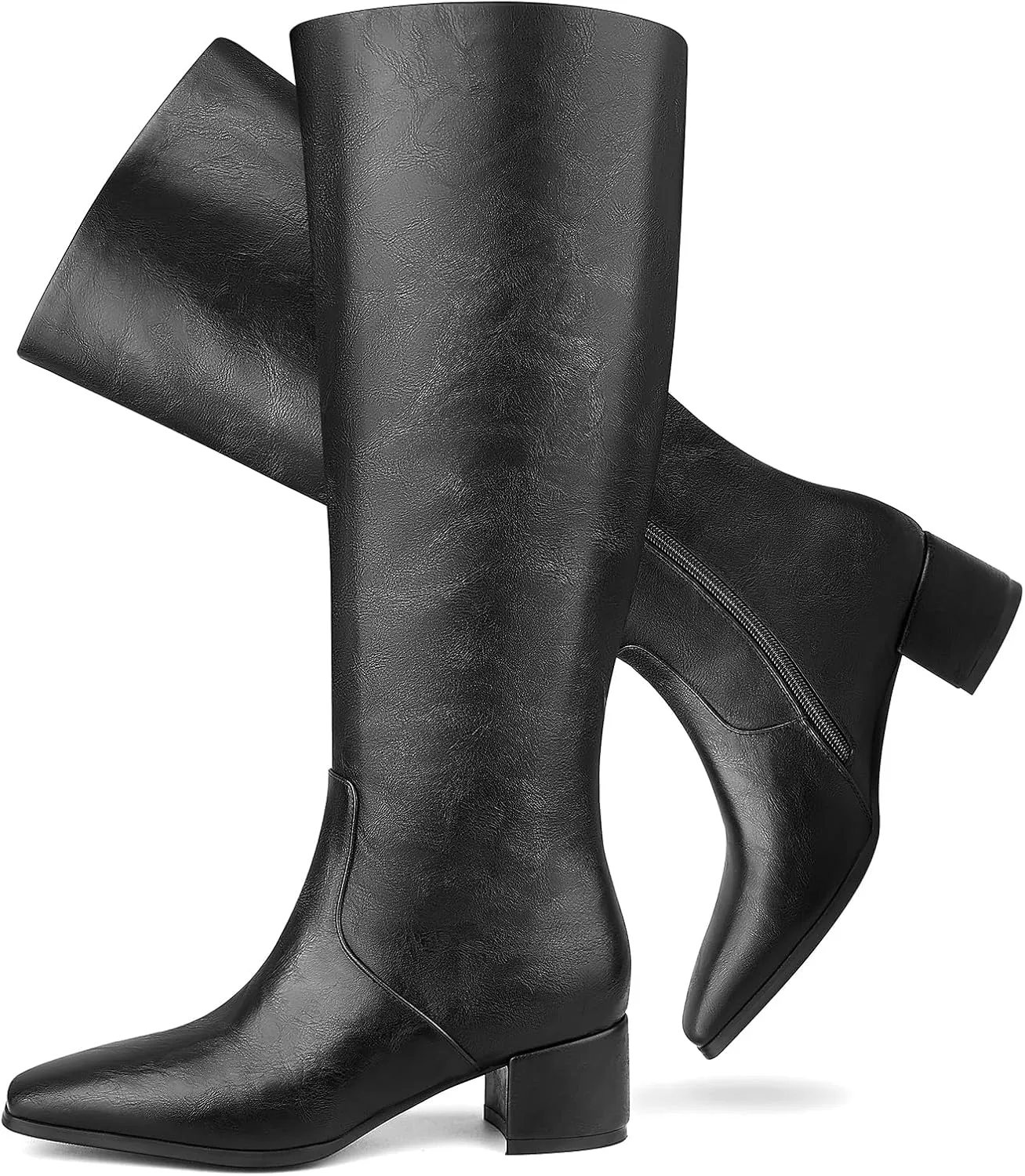 Cozivwaiy Women's Knee High Boots Black Tall Boot Comfortable Block Low Heel Dressy Shoes Half Zipper 1.96 Inches Heels
