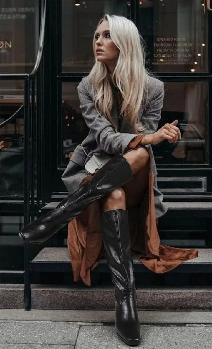Cozivwaiy Women's Knee High Boots Black Tall Boot Comfortable Block Low Heel Dressy Shoes Half Zipper 1.96 Inches Heels