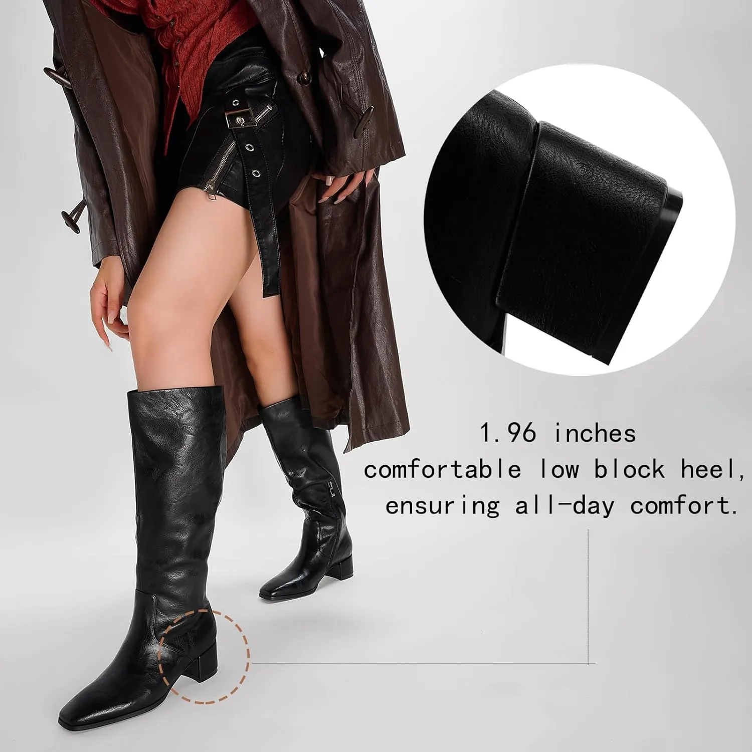 Cozivwaiy Women's Knee High Boots Black Tall Boot Comfortable Block Low Heel Dressy Shoes Half Zipper 1.96 Inches Heels