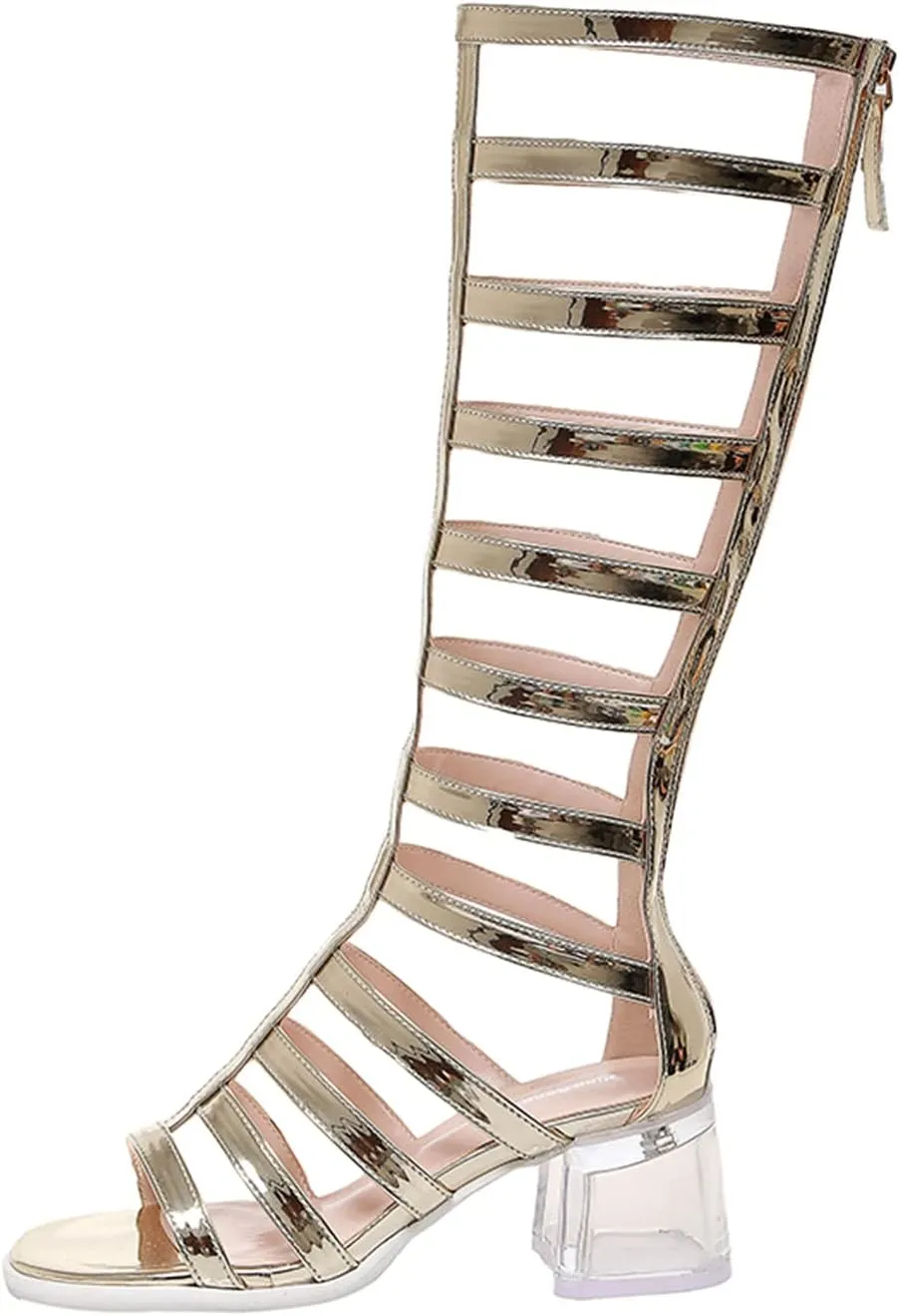 Crepuscute Women's Open Toe Knee High Flat Roman Gladiator Sandals,Summer Beach High Top Zip Back Casual Sandals Outdoor party travel sexy wedge Long Boots