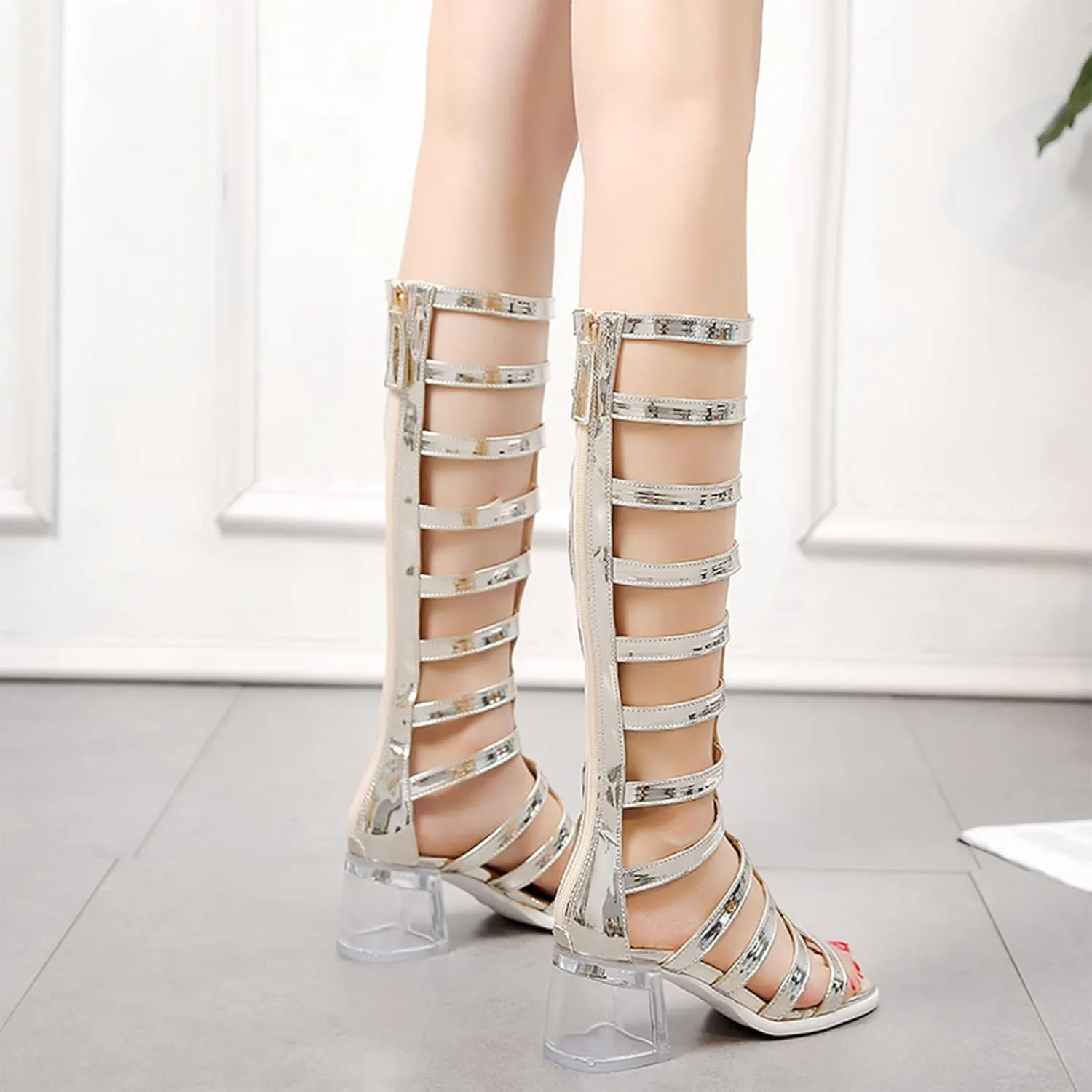 Crepuscute Women's Open Toe Knee High Flat Roman Gladiator Sandals,Summer Beach High Top Zip Back Casual Sandals Outdoor party travel sexy wedge Long Boots