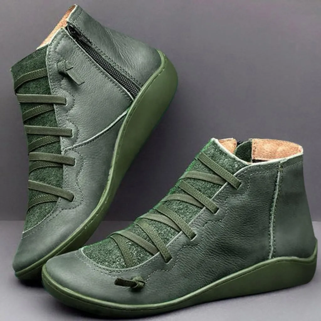Crzidha Boots for Women 2023 Trendy Side Zipper Lace Up Flat Ankle Boots Arch Support Orthopedic Booties for Plantar Fasciitis Comfy Wide Width Round Toe Lace Up Side Zipper Boots