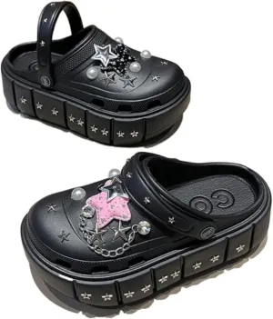 Cute Emo Shoes Stars Chains Goth Punk Cloud Clogs Grunge Chunky Platform Slides Slip On Breathable Soft Mules Y2K Kawaii Fashion Trendy Pumps Rave Sandals Beach Cruise Swimming Pool Summer Outdoors