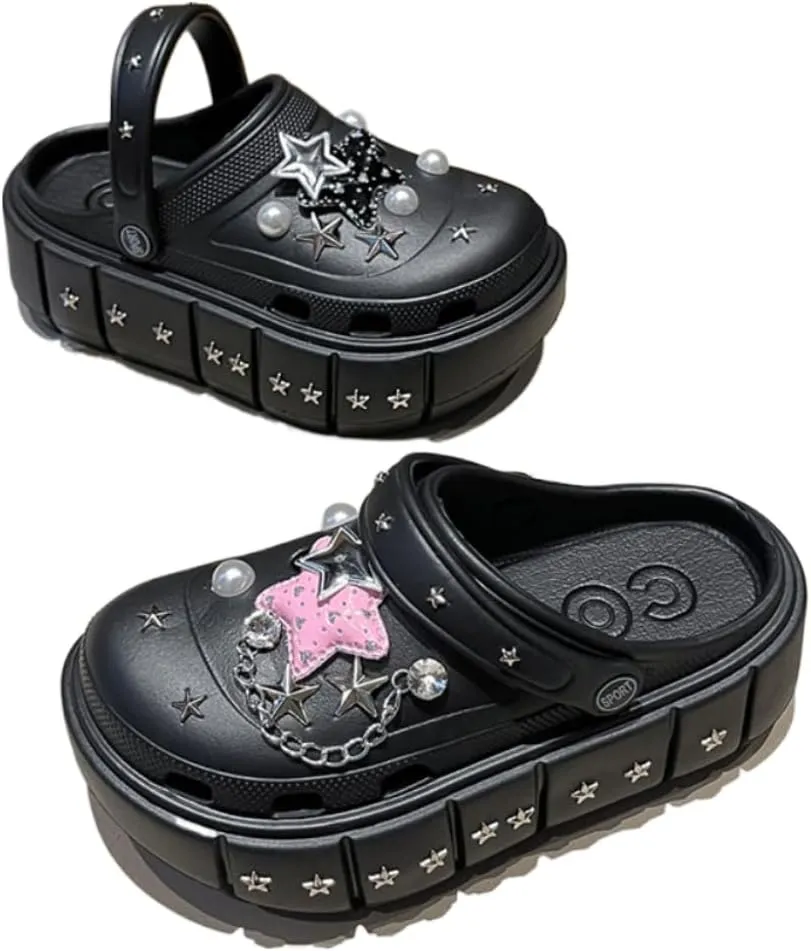 Cute Emo Shoes Stars Chains Goth Punk Cloud Clogs Grunge Chunky Platform Slides Slip On Breathable Soft Mules Y2K Kawaii Fashion Trendy Pumps Rave Sandals Beach Cruise Swimming Pool Summer Outdoors