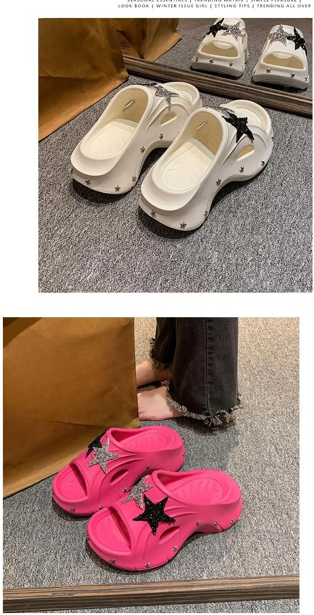 Cute Emo Shoes Stars Goth Punk Cloud Clogs Grunge Chunky Platform Slides Slip On Breathable Soft Mules Y2K Kawaii Fashion Trendy Pumps Rave Parties Sandals Beach Swimming Pool Spring Summer Outdoors