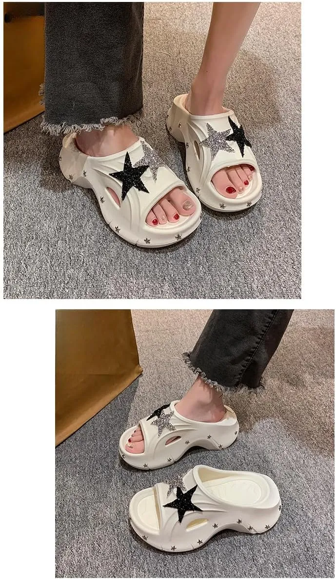 Cute Emo Shoes Stars Goth Punk Cloud Clogs Grunge Chunky Platform Slides Slip On Breathable Soft Mules Y2K Kawaii Fashion Trendy Pumps Rave Parties Sandals Beach Swimming Pool Spring Summer Outdoors