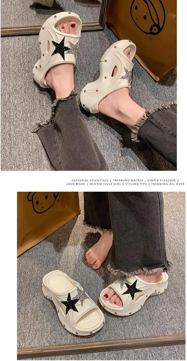 Cute Emo Shoes Stars Goth Punk Cloud Clogs Grunge Chunky Platform Slides Slip On Breathable Soft Mules Y2K Kawaii Fashion Trendy Pumps Rave Parties Sandals Beach Swimming Pool Spring Summer Outdoors
