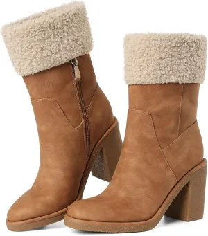 Cute Warm Short Winter Boots for Women Comfortable Brown Mid Chunky Heel Suede Snow Fur Lined Booties Fashion Dress Shoes