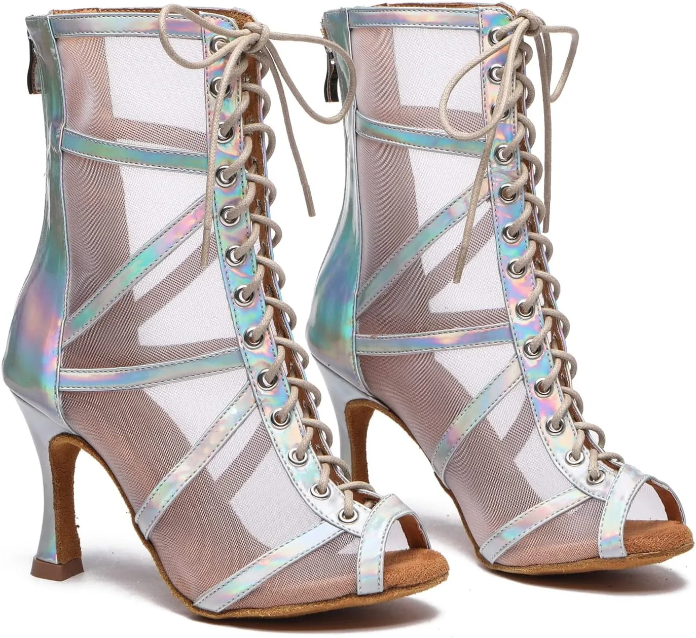 Dance Practice Shoes for Women Mesh Ballroom Sandals Heels Party Prom Ankle Booties with Zip