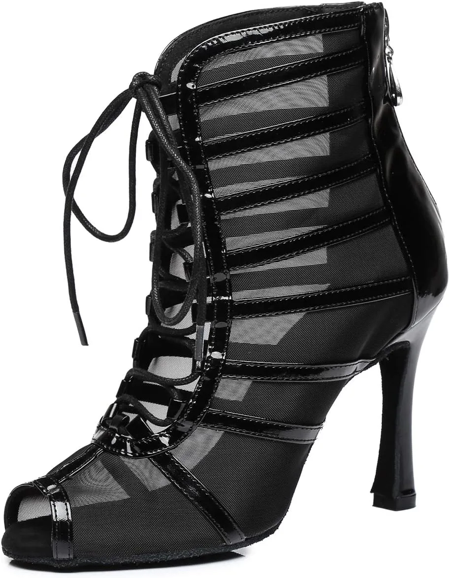 Dance Practice Shoes for Women Mesh Ballroom Sandals Heels Party Prom Ankle Booties with Zip