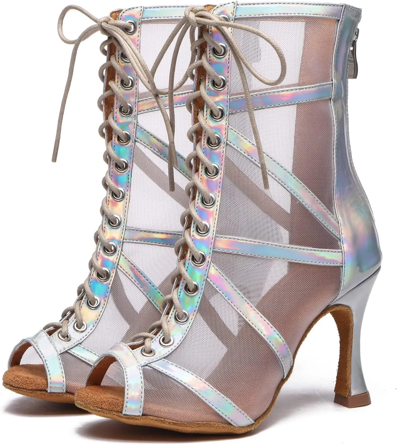Dance Practice Shoes for Women Mesh Ballroom Sandals Heels Party Prom Ankle Booties with Zip