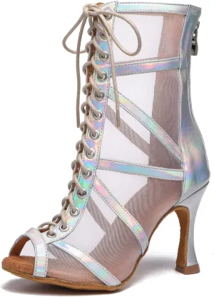 Dance Practice Shoes for Women Mesh Ballroom Sandals Heels Party Prom Ankle Booties with Zip