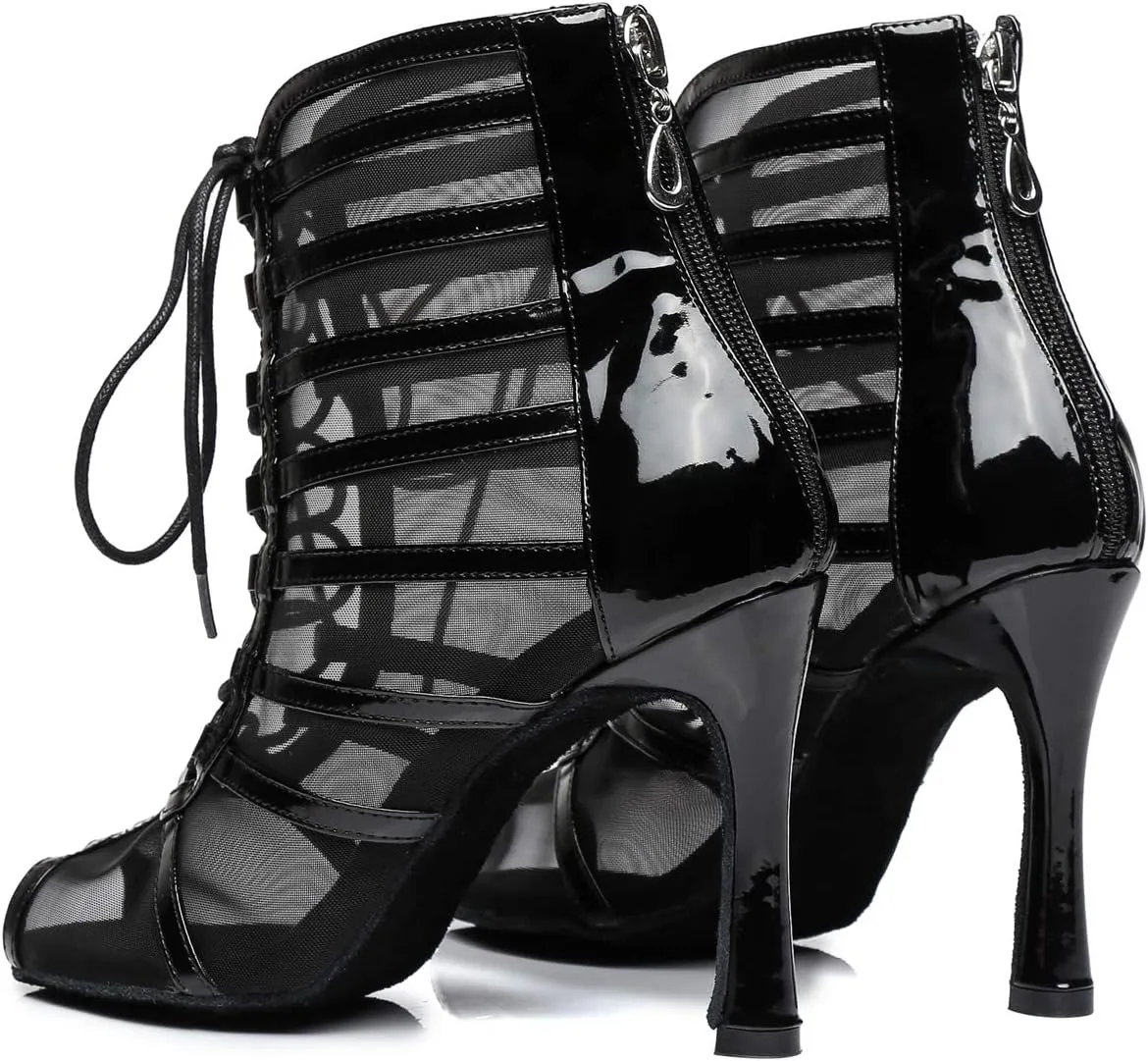 Dance Practice Shoes for Women Mesh Ballroom Sandals Heels Party Prom Ankle Booties with Zip