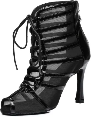Dance Practice Shoes for Women Mesh Ballroom Sandals Heels Party Prom Ankle Booties with Zip