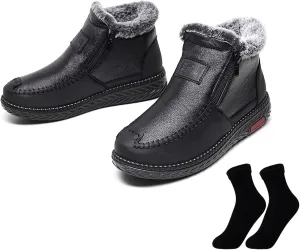 DESESE Women's Winter Waterproof Non-Slip Thick Plush Fur Lined Ankle Snow Boots,Mama Cotton Leather Shoes with Zipper