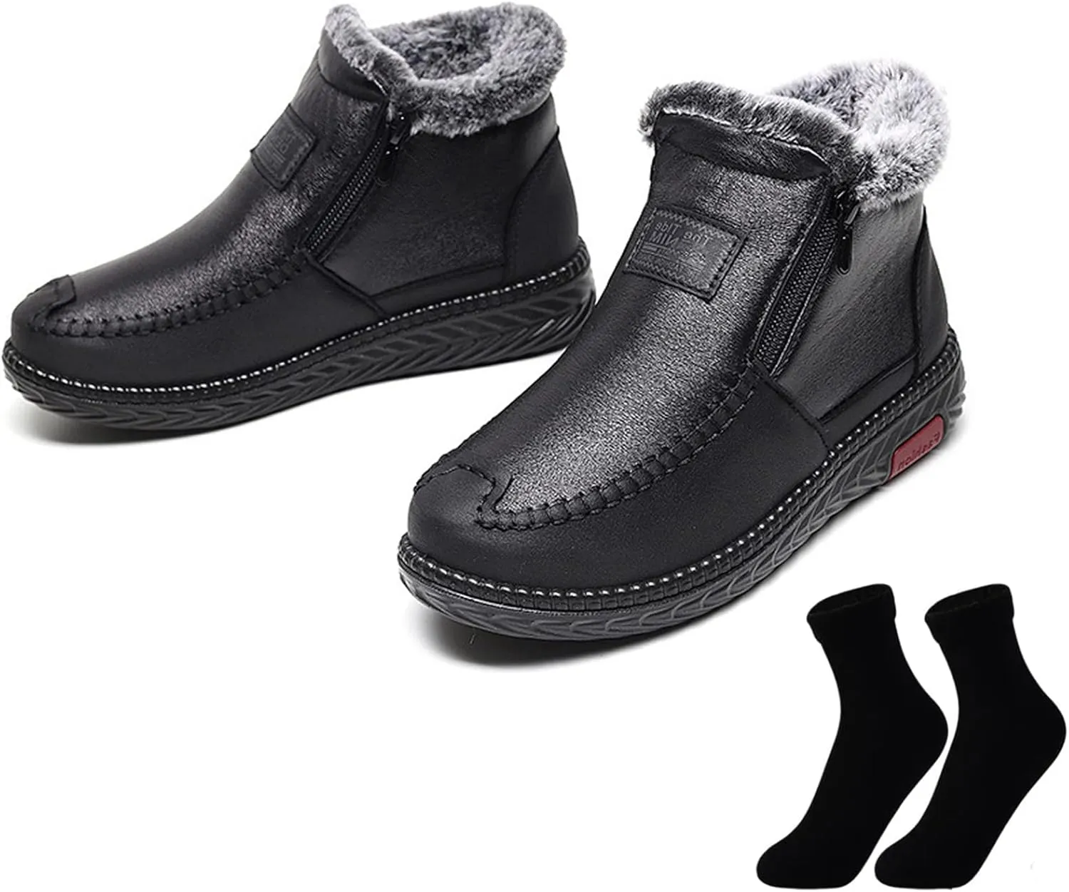 DESESE Women's Winter Waterproof Non-Slip Thick Plush Fur Lined Ankle Snow Boots,Mama Cotton Leather Shoes with Zipper