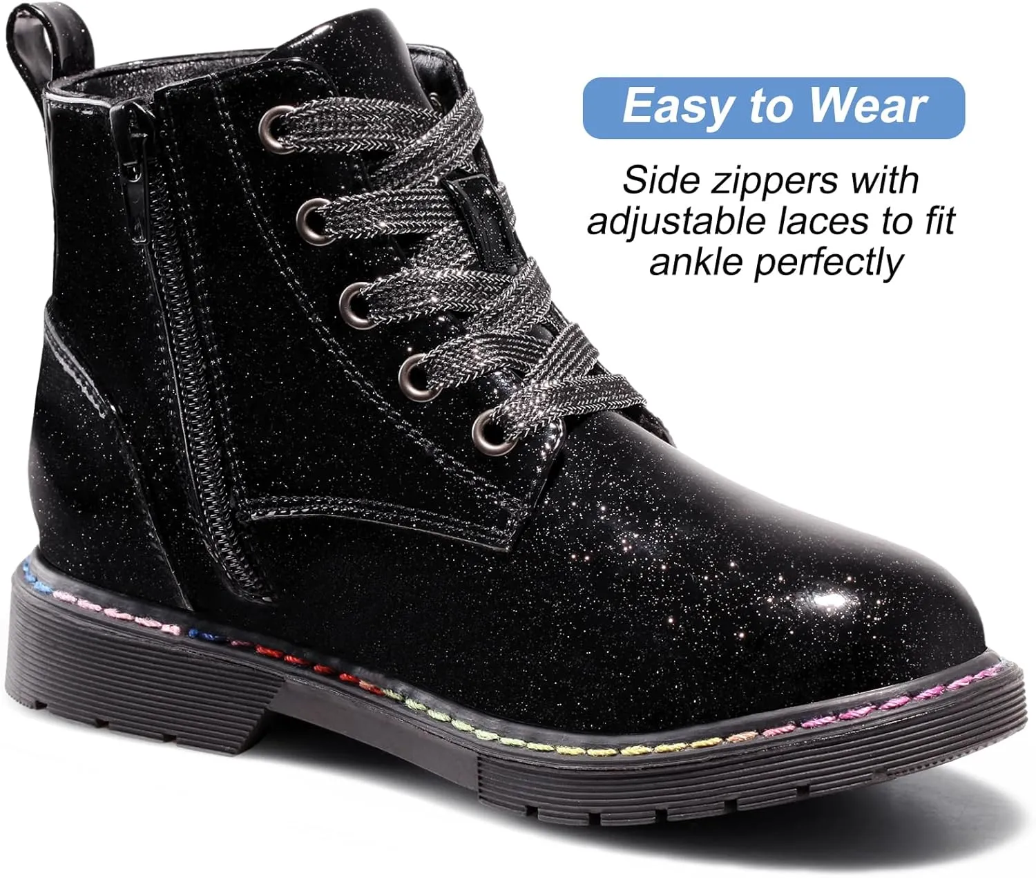 Dodow Girls Ankle Boots Glitter Combat Booties Zipper Lace Up Winter Dress Boots for Little Kid Big Kid