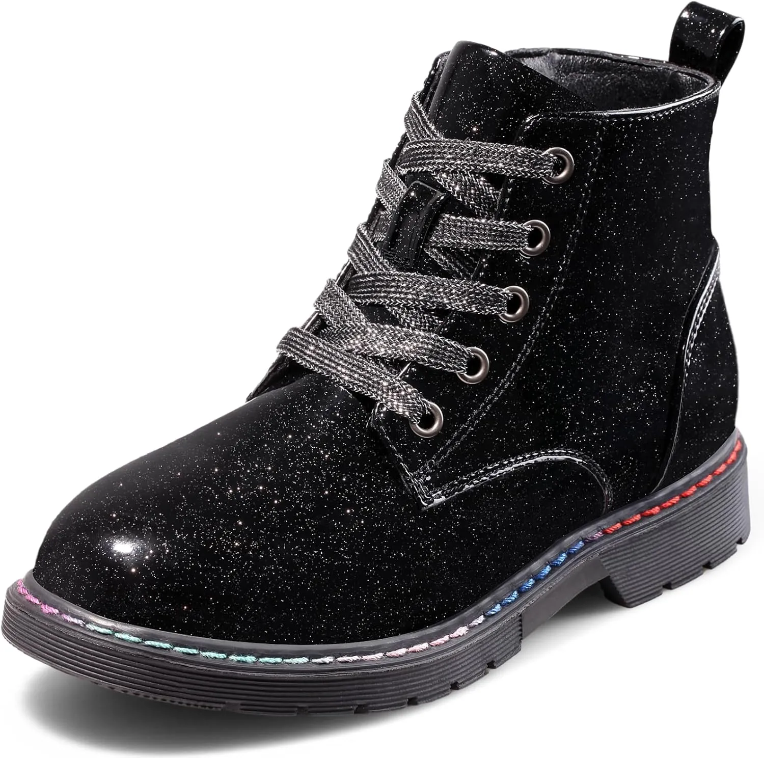 Dodow Girls Ankle Boots Glitter Combat Booties Zipper Lace Up Winter Dress Boots for Little Kid Big Kid