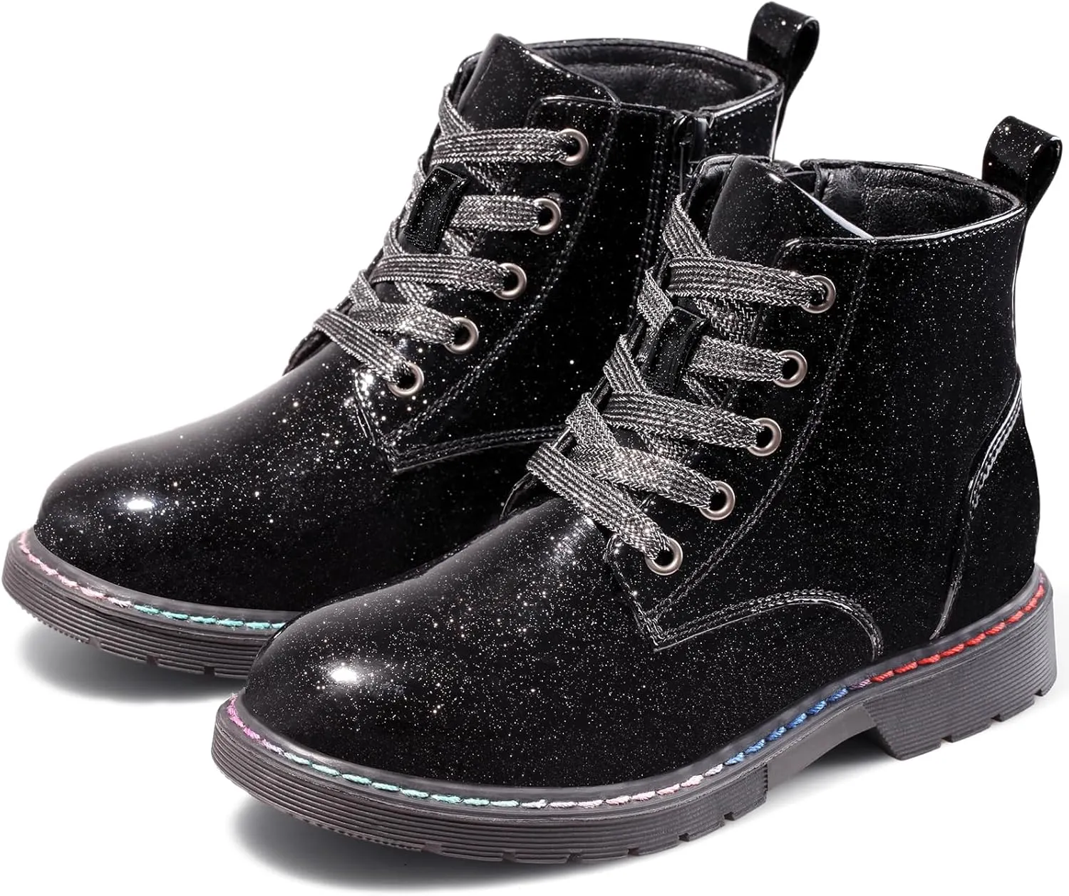 Dodow Girls Ankle Boots Glitter Combat Booties Zipper Lace Up Winter Dress Boots for Little Kid Big Kid
