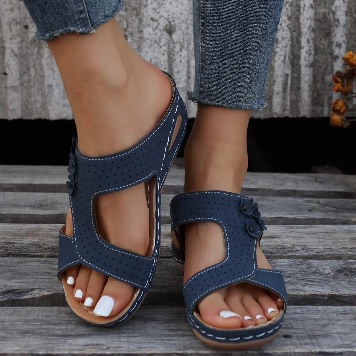 DOIX Womens Platform Slingback Wedge Sandals Slippers Ladies Flowers Slip on Mule Shoes Soft & Comfy Faux Leather Loafers Moccasins Summer Beach Casual Walking Shoes,Blue,US4/EU35