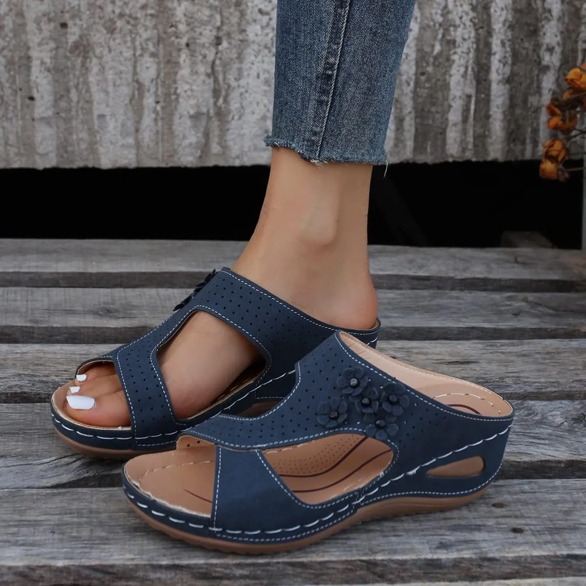 DOIX Womens Platform Slingback Wedge Sandals Slippers Ladies Flowers Slip on Mule Shoes Soft & Comfy Faux Leather Loafers Moccasins Summer Beach Casual Walking Shoes,Blue,US4/EU35