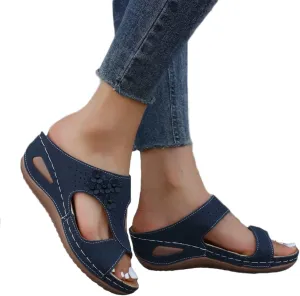 DOIX Womens Platform Slingback Wedge Sandals Slippers Ladies Flowers Slip on Mule Shoes Soft & Comfy Faux Leather Loafers Moccasins Summer Beach Casual Walking Shoes,Blue,US4/EU35