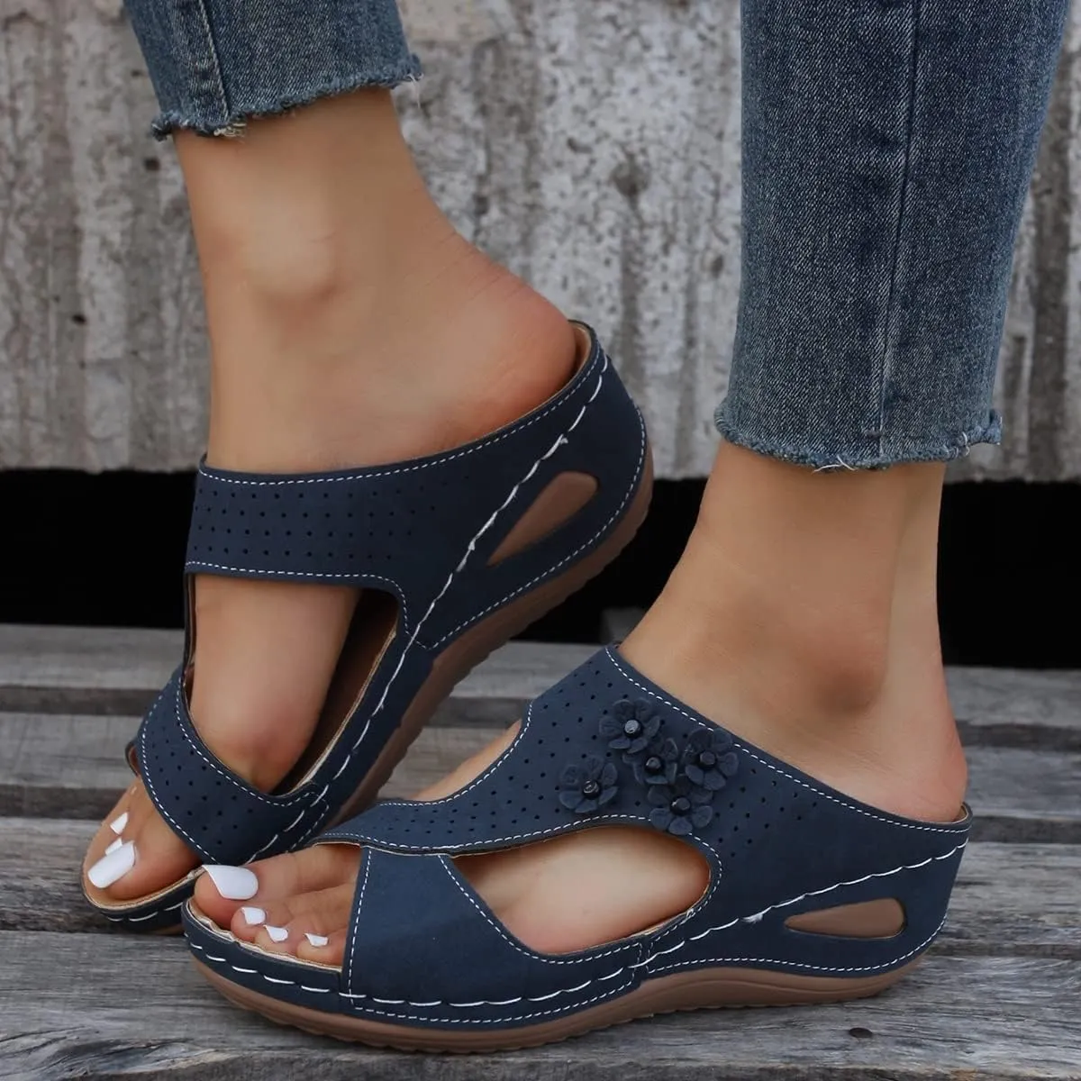 DOIX Womens Platform Slingback Wedge Sandals Slippers Ladies Flowers Slip on Mule Shoes Soft & Comfy Faux Leather Loafers Moccasins Summer Beach Casual Walking Shoes,Blue,US4/EU35